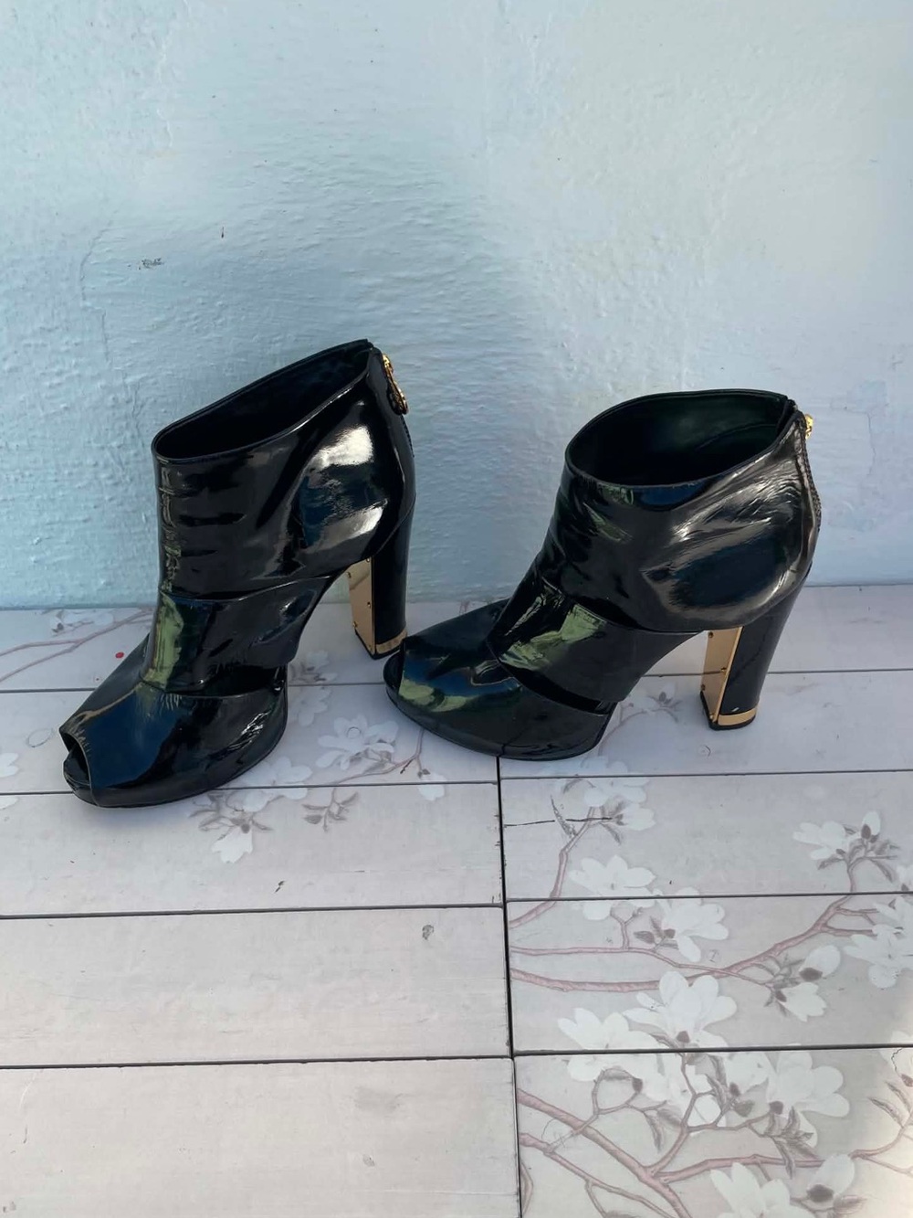 Tory Burch Black Patent Peep-Toe Heel Booties with Gold Accent